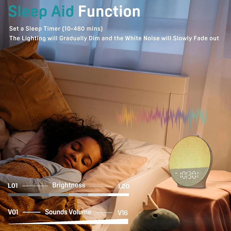 Wake up Light Sunrise Alarm Clock White Noise Sound Machine BT Speaker Color Night Light for Bedroom Ideal Gift