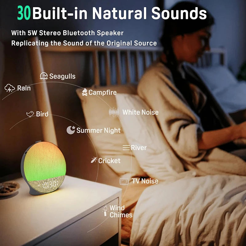 CJ TEST Wake Up Light Sunrise Alarm Clock with White Noise Sound Machine, Bluetooth Speaker, Color Night Light for Bedroom – Ideal Gift