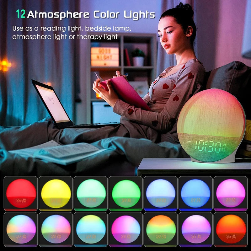 Wake up Light Sunrise Alarm Clock White Noise Sound Machine BT Speaker Color Night Light for Bedroom Ideal Gift
